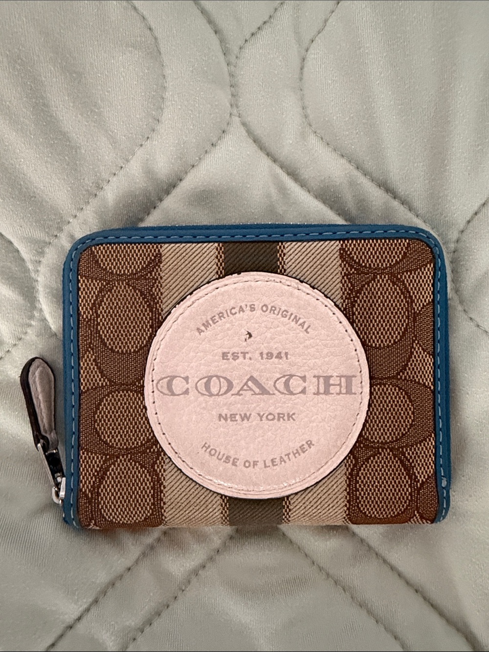 COACH New York Brown Signature Zip Wallet with Pink Patch
